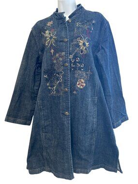Chico's Platinum Long Denim Embroidered Jacket Sz 2 Large